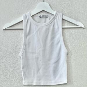Zara Basics Womens White Rib Tank Top Racerback Sleeveless Cropped Size Small